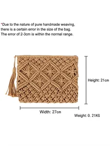 Handwoven fringe clutch bag 27x21cm size guide with bohemian tassel details for beach vacation