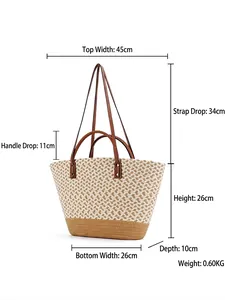 Bohemian handmade woven tote bag with dual handles and detailed size measurements