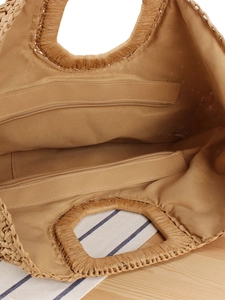 Handwoven moon-shaped bohemian straw handbag with secure dual zipper inner compartments