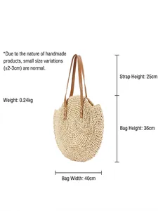 Handmade circular woven paper straw tote bag with brown leather straps and dimensions