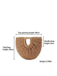 Handwoven crescent straw tote bag for women featuring natural texture and size dimensions