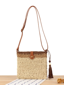 Woven Straw Crossbody Bag Patchwork Paper Rope Shoulder Purse With Tassel Adjustable Strap Casual Beach Vacation Women