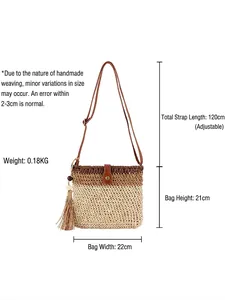 Fashionable tri-color woven shoulder bag with fringe tassel and adjustable strap