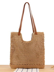 Sac Cabas Tissé Pour Femmes Corde De Coton Crochet À Main Avec Anses En Cuir Pour Vacances À La Plage Été Style Bohème