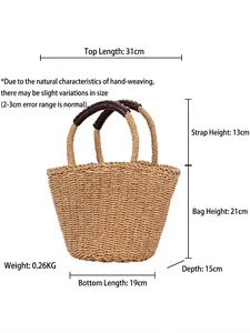 Straw woven tote bag size guide with dimensions for beach and casual daily use