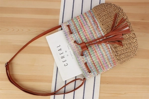Close-up of woven straw bucket bag with colorful wave patterns and brown tassel detail