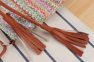 Detail of colorful woven handbag featuring brown leather tassels and silver hardware