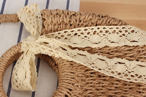 Close-up of hand-woven straw bag with elegant lace ribbon detail and rustic texture