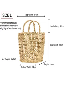 Sac fourre-tout tissé à la main pour femmes montrant les dimensions et détails de taille