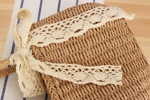 Detailed close-up of handmade paper rope woven bag texture with elegant lace ribbon bow