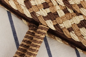 Macro view of checkered straw bag texture showing zipper closure and woven handles