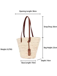 Ethnic woven straw tote bag with brown leather straps and detailed size measurements