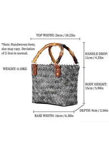 Retro hand-woven straw handbag with bamboo handles and size dimensions shown on white background