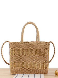 Woven Tote Bag Paper Rope Straw With Gold Thread Large Capacity Drawstring Summer Beach Holiday Handbag For Women