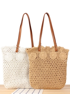Women Large Capacity Woven Tote Bag Cotton Rope Crochet Shoulder Bag With Floral Pattern For Beach Vacation Daily Travel