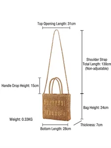 Minimalist woven straw tote bag for women featuring dimensions and long shoulder strap