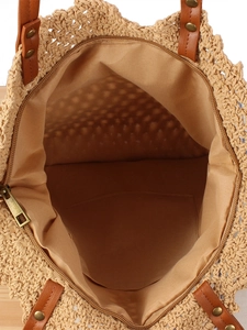 Large capacity woven tote bag with beige fabric lining and internal zipper closure