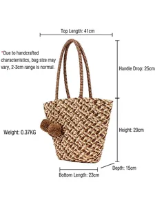 Large woven paper rope tote bag with brown pom poms and detailed dimensions displayed