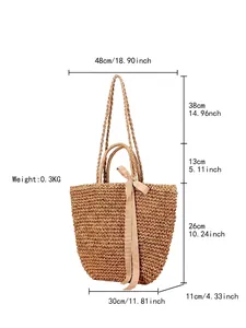 Bohemian paper straw tote bag with ribbon bow and detailed size measurements