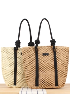 Large Capacity Woven Tote Bag Paper Rope Hollow Out Design Cotton Rope Handle Beach Vacation Casual Shoulder Bag For Women
