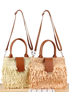 Bohemian Tassel Woven Shoulder Bag Paper Rope Straw Crossbody With PU Leather Strap Summer Beach Holiday Ethnic Style