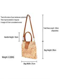 Handmade woven paper rope shoulder bag with fringe detail and leather straps for beach travel