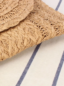Detalle de la textura de cuerda de papel tejida en un bolso bandolera de verano