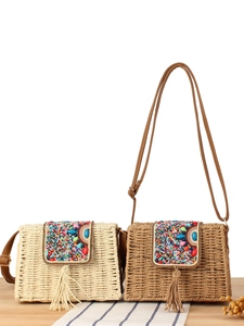 Petit Sac Bandoulière Bohème Tissé Main En Corde De Papier Avec Broderie De Perles Colorées Et Gland Pour Femmes
