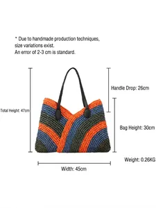 Handwoven colorful patchwork beach tote bag with dimensions for summer vacation