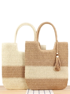 Bolso de Mano Grande Tejido para Mujer Cuerda de Papel Paja Bolso de Hombro Playa Con Borla Estilo Bohemio Vacaciones Rayas de Contraste