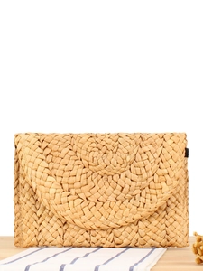 Handmade Corn Husk Woven Clutch Bag For Women Envelope Style Straw Handbag With Magnetic Closure Summer Beach Vacation Bag