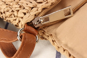 Macro detail of straw woven bag with brown leather strap and gold zipper closure
