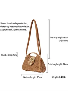 Brown paper rope woven crossbody bag with colorful beads and adjustable shoulder strap