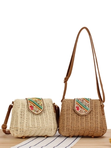 Women Woven Crossbody Bag Paper Rope Colorful Flap Beadwork Embroidery Bohemian Vacation Small Purse With PU Leather Strap