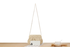 Detail of hand-woven off-white shell bag with gold chain strap and smartphone for scale