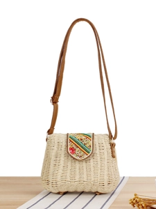 Bohemian paper straw woven crossbody bag with colorful beads and leather shoulder strap