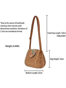 Brown paper rope woven crossbody bag with colorful bead embroidery and PU strap