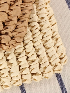 Minimalist straw woven beach bag with beige and brown handmade texture for summer vacation