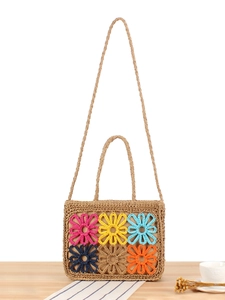 Women's Flower Woven Paper Rope Crossbody Handbag For Summer Beach Vacation Crochet Floral Straw Bag With Long Strap