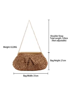 Handwoven straw shoulder bag in khaki with dimensions and gold chain strap details