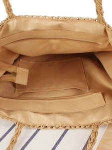 Handcrafted woven flower straw handbag with secure zipper closure and fabric lining