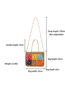 Handmade crochet floral tote bag with size specifications for beach and casual use