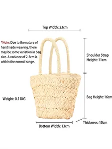 Handmade corn husk woven handbag for women beach vacation with detailed size dimensions