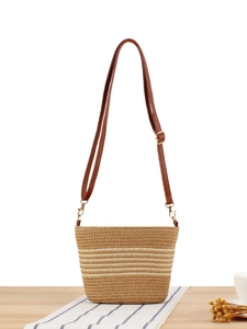 Handmade Woven Crossbody Bag Striped Paper Rope Summer Beach Vacation Casual Mini Bucket Purse For Women Adjustable Strap