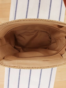 2024 woven beach bag with secure zipper closure and spacious brown interior lining