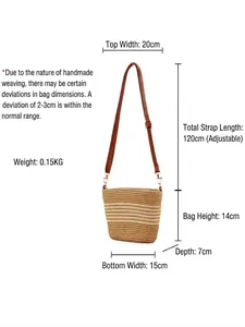 Striped woven straw crossbody bag with brown leather strap and dimensions display