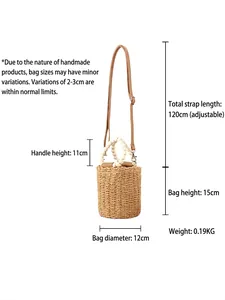 Handwoven straw bucket bag with wooden bead handles and crossbody strap, 15cm height