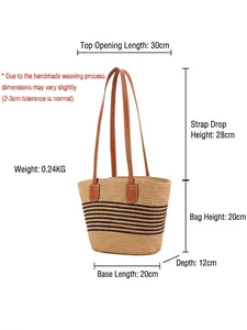 Borsa tote in paglia a righe beige con cinturini in pelle marrone e misure dettagliate