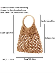 Handwoven coffee cotton rope tote bag with round wooden handles and dimensions
