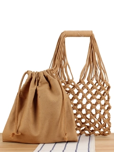 Handmade Cotton Rope Woven Hollow Handbag With Inner Pouch Forest Style Bohemian Beach Tote Bag For Women Summer Vacation